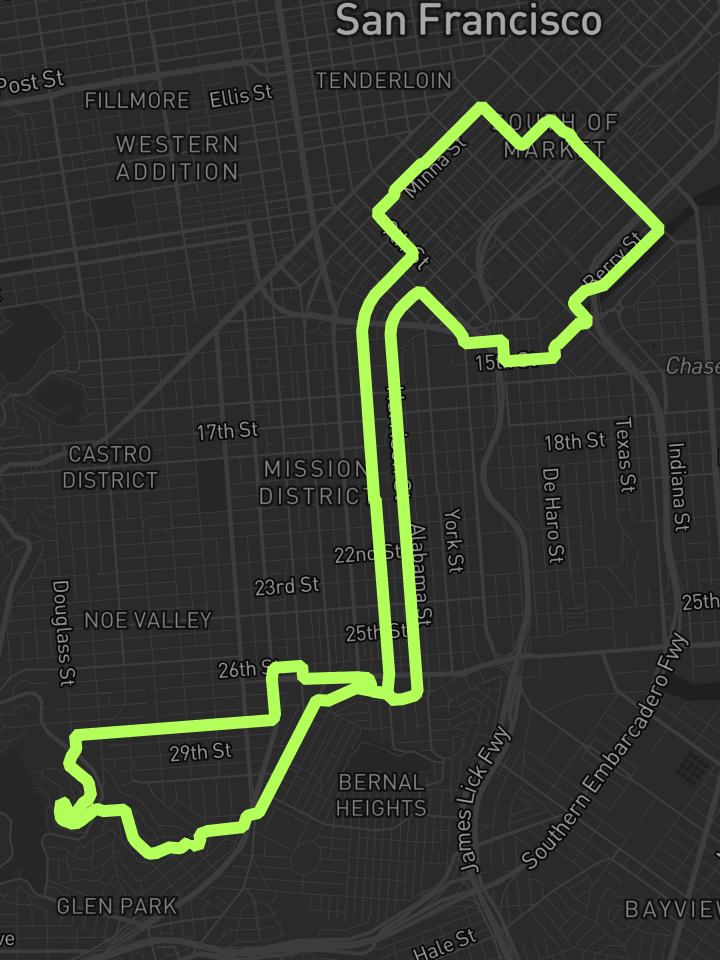 Music-note route snapped to streets in Mission, SF